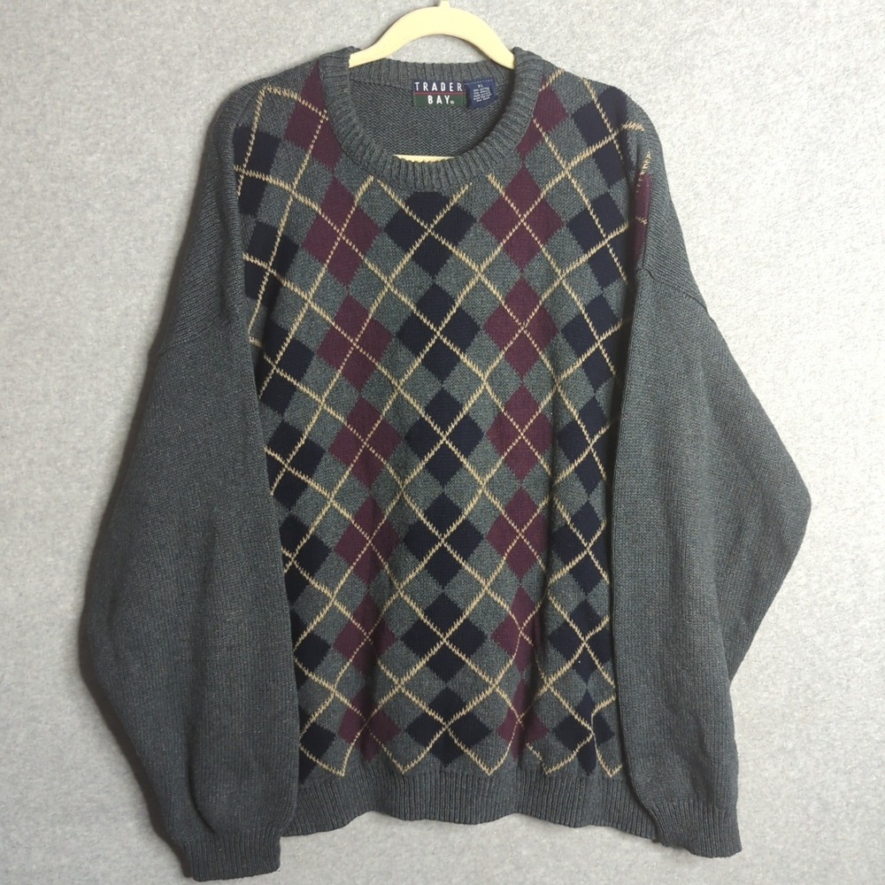 Vintage Mens‎ XL Argyle Sweater Gray crew neck Pullover Oversized Retro Preppy